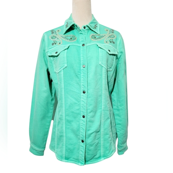 DG2 by Diane Gilman Turquoise Embellished Snap Front Jacket Shirt Women’s Medium - Picture 2 of 13